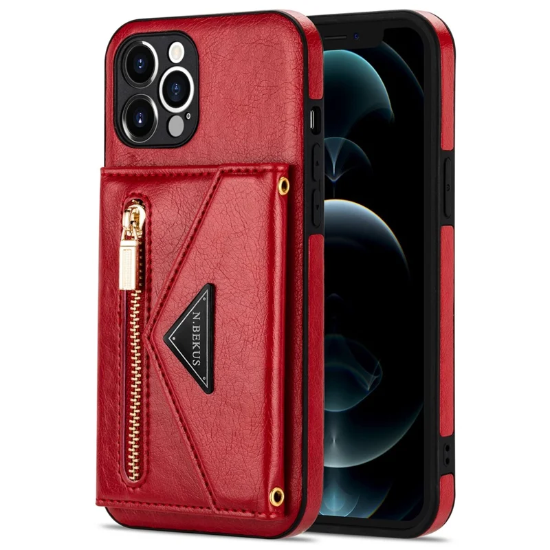 N.BEKUS for iPhone 13 Pro 6.1 inch Anti-scratch Drop-proof Kickstand Design Wallet PU Leather + TPU Phone Shell Case with Long Lanyard - Red