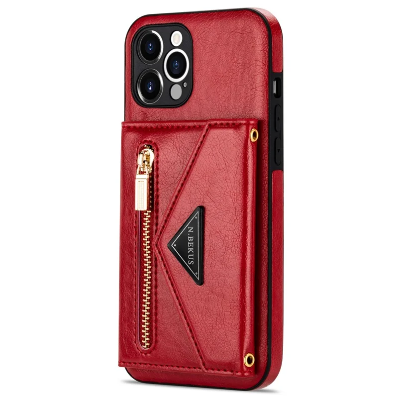 N.BEKUS for iPhone 13 Pro 6.1 inch Anti-scratch Drop-proof Kickstand Design Wallet PU Leather + TPU Phone Shell Case with Long Lanyard - Red
