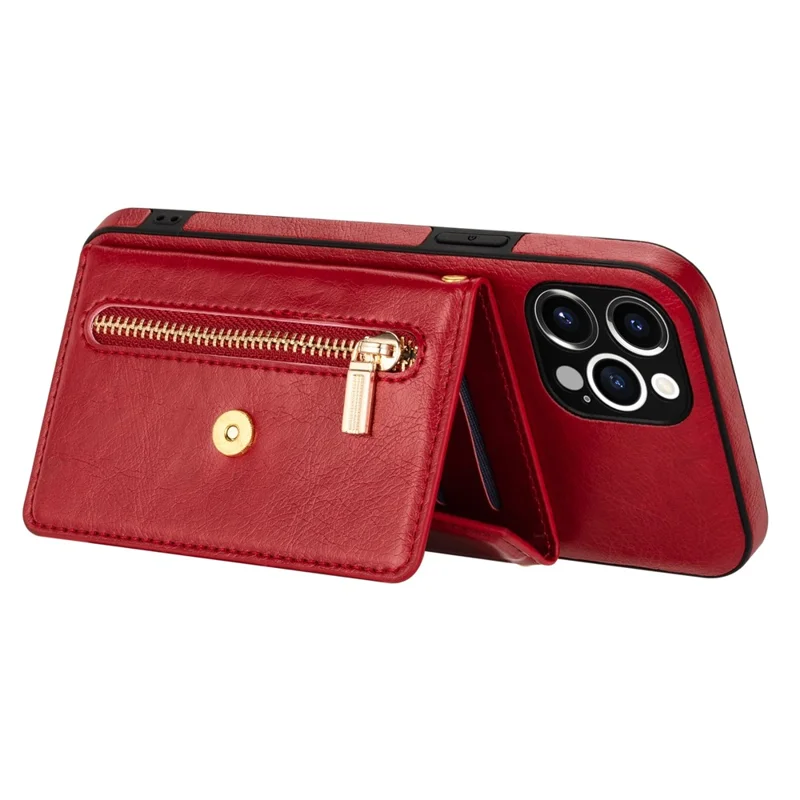 N.BEKUS for iPhone 13 Pro 6.1 inch Anti-scratch Drop-proof Kickstand Design Wallet PU Leather + TPU Phone Shell Case with Long Lanyard - Red