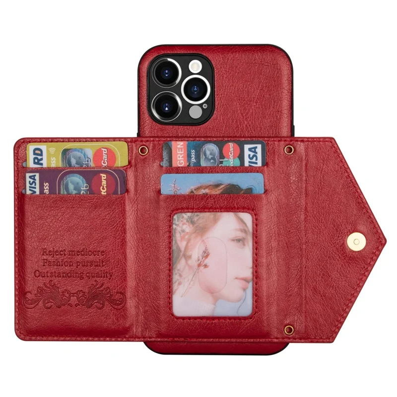 N.BEKUS for iPhone 13 Pro 6.1 inch Anti-scratch Drop-proof Kickstand Design Wallet PU Leather + TPU Phone Shell Case with Long Lanyard - Red