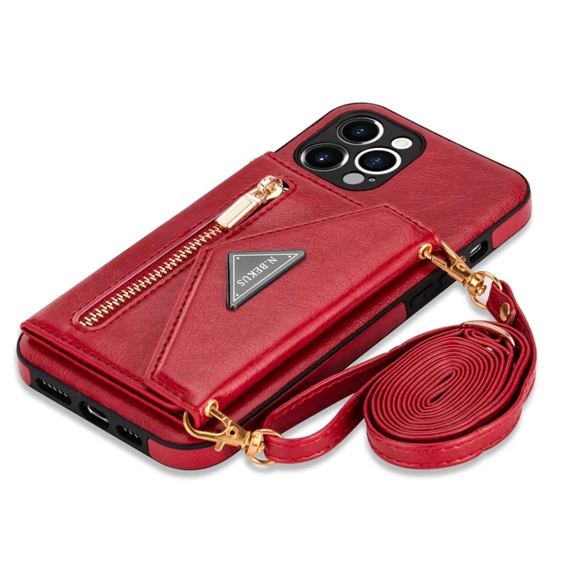 N.BEKUS for iPhone 13 Pro 6.1 inch Anti-scratch Drop-proof Kickstand Design Wallet PU Leather + TPU Phone Shell Case with Long Lanyard - Red