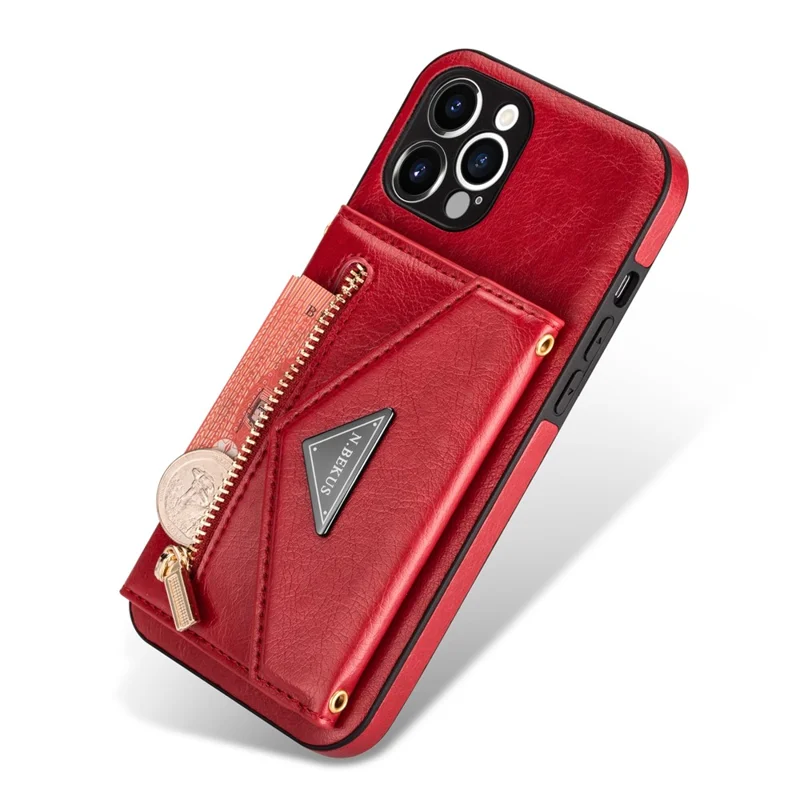 N.BEKUS for iPhone 13 Pro 6.1 inch Anti-scratch Drop-proof Kickstand Design Wallet PU Leather + TPU Phone Shell Case with Long Lanyard - Red
