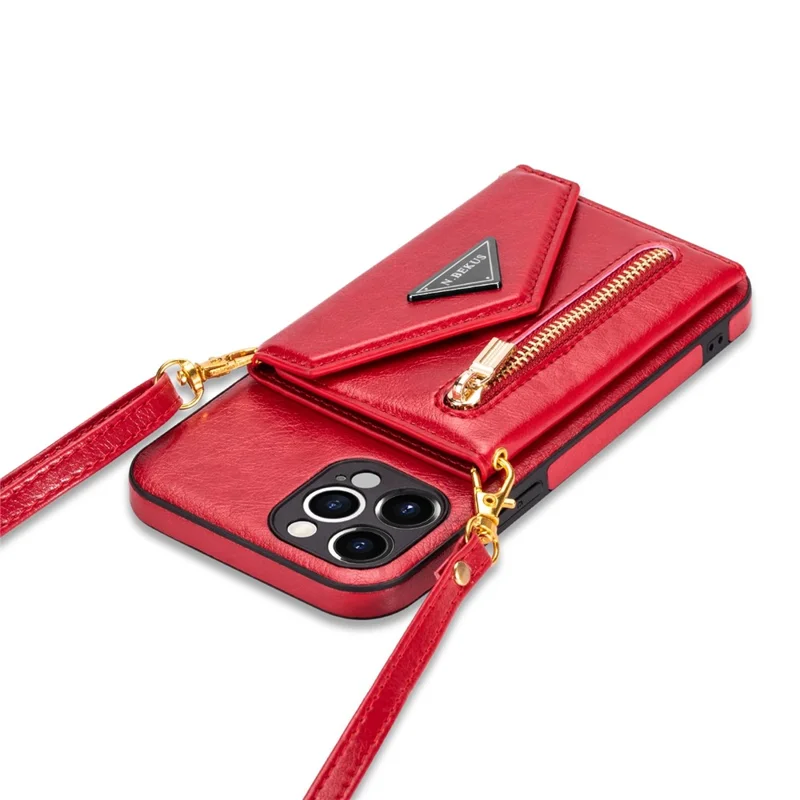 N.BEKUS for iPhone 13 Pro 6.1 inch Anti-scratch Drop-proof Kickstand Design Wallet PU Leather + TPU Phone Shell Case with Long Lanyard - Red