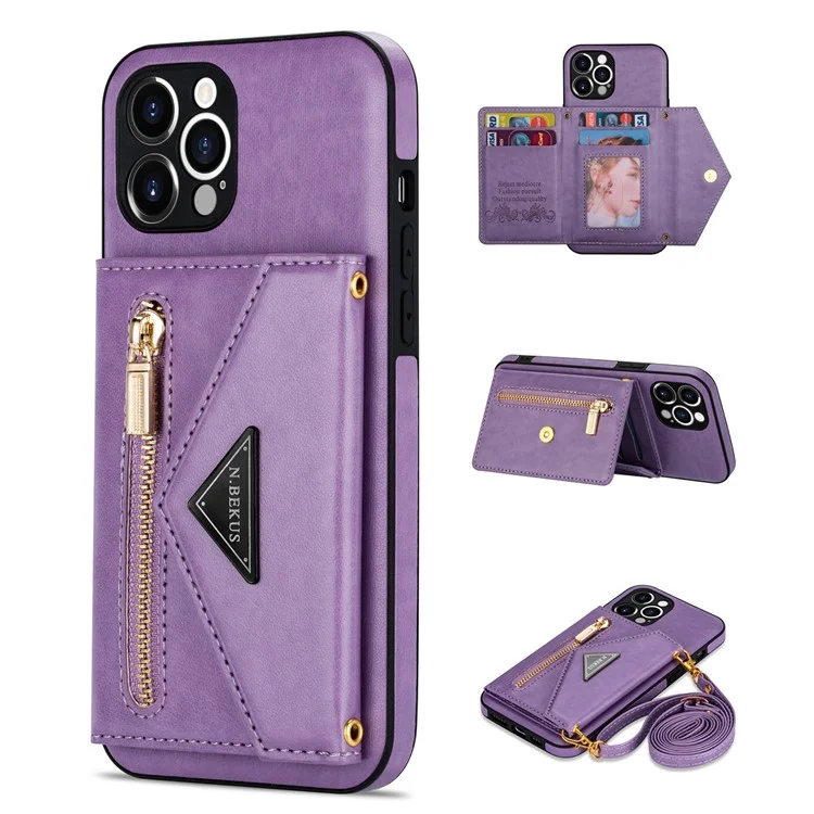 N. BEKUS FÜR IPHONE 13 PRO MAX 6.7 Zoll Kickstand Design Snap Button Brieftasche Kratzfestes PU-Leder + TPU Schutzhülle - Violett