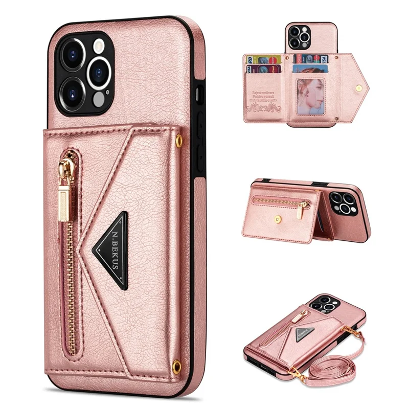 N.BEKUS for iPhone 13 Pro Max 6.7 inch Kickstand Design Snap Button Wallet Scratch-resistant PU Leather + TPU Protective Phone Case - Pink