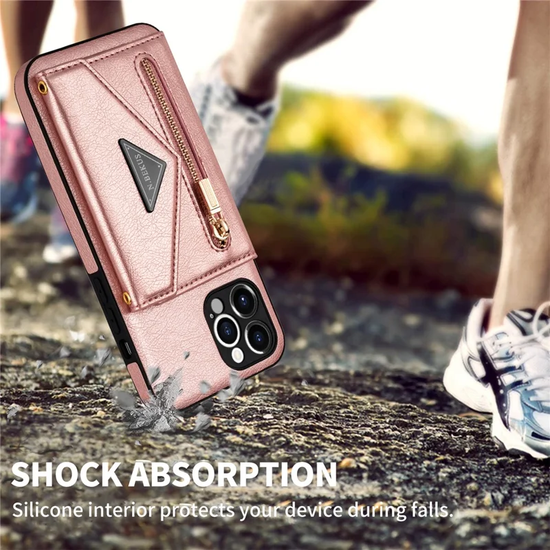 N.BEKUS for iPhone 13 Pro Max 6.7 inch Kickstand Design Snap Button Wallet Scratch-resistant PU Leather + TPU Protective Phone Case - Pink