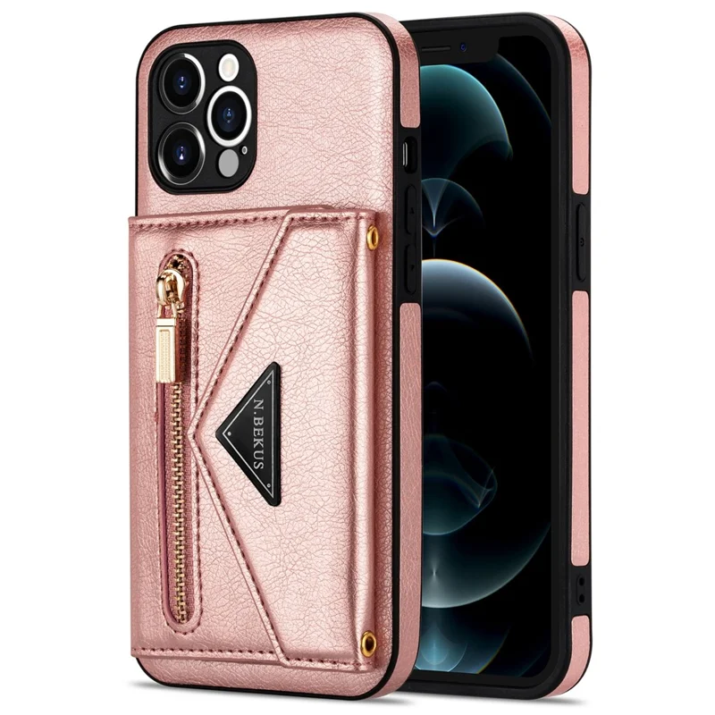 N.BEKUS for iPhone 13 Pro Max 6.7 inch Kickstand Design Snap Button Wallet Scratch-resistant PU Leather + TPU Protective Phone Case - Pink