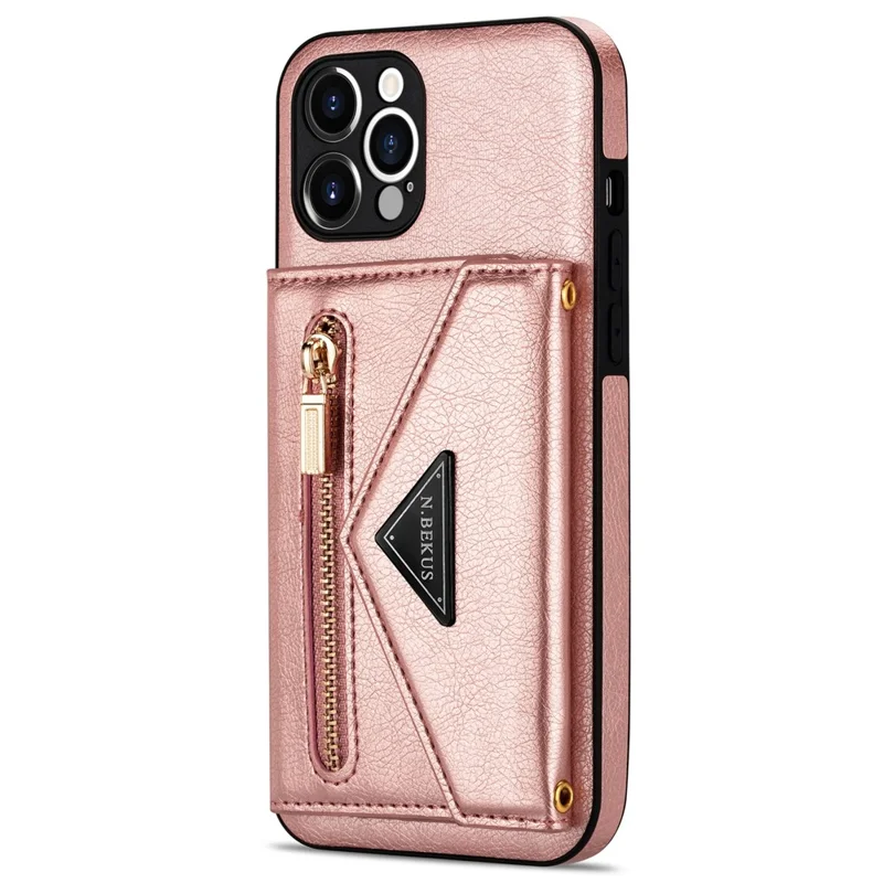 N.BEKUS for iPhone 13 Pro Max 6.7 inch Kickstand Design Snap Button Wallet Scratch-resistant PU Leather + TPU Protective Phone Case - Pink