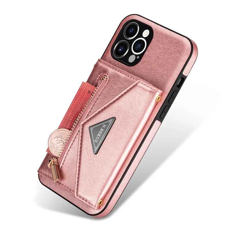 N.BEKUS for iPhone 13 Pro Max 6.7 inch Kickstand Design Snap Button Wallet Scratch-resistant PU Leather + TPU Protective Phone Case - Pink
