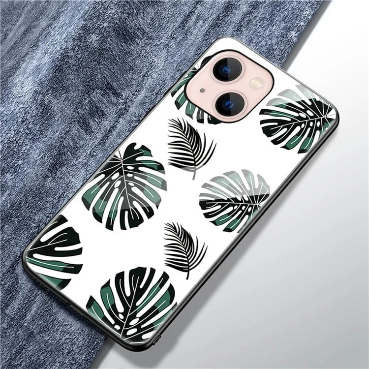Pattern Printing Phone Case for iPhone 13 mini 5.4 inch, Anti-Scratch Tempered Glass+PC Back TPU Frame Hybrid Shockproof Cover - Leaves