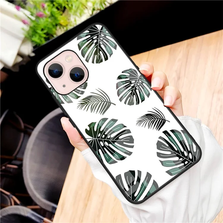 Pattern Printing Phone Case for iPhone 13 mini 5.4 inch, Anti-Scratch Tempered Glass+PC Back TPU Frame Hybrid Shockproof Cover - Leaves