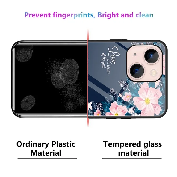 For iPhone 13 6.1 inch Case, Pattern Design Hard Tempered Glass+PC Back TPU Frame Shockproof Cover - Leaves