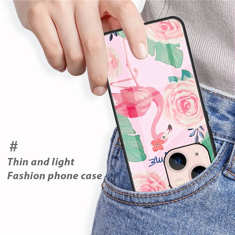 For iPhone 13 6.1 inch Case, Pattern Design Hard Tempered Glass+PC Back TPU Frame Shockproof Cover - Leaves