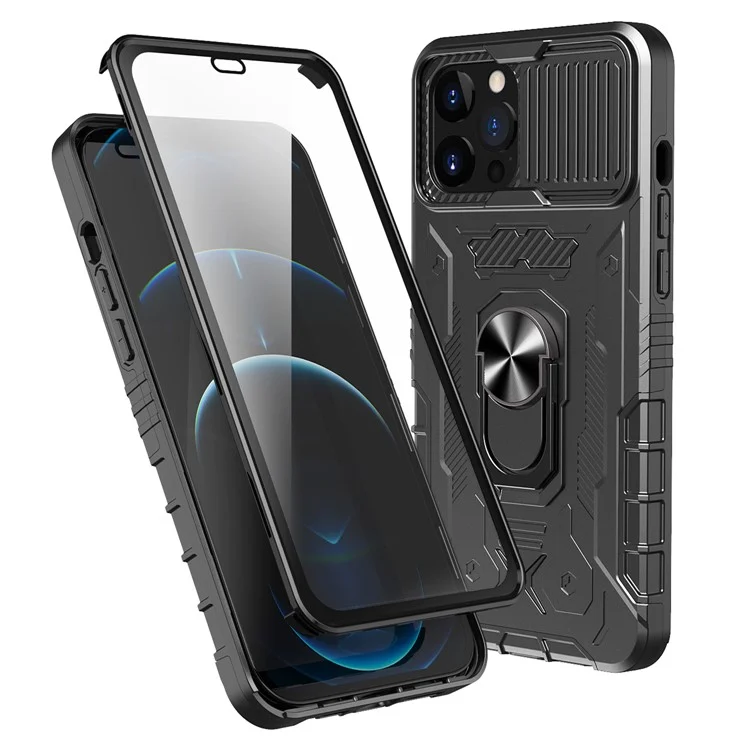 Für iPhone 11 Pro Max 6.5 Zoll Rundum-Schutz Kickstand PC + TPU Handyhülle mit Panzerglas Folie - Schwarz