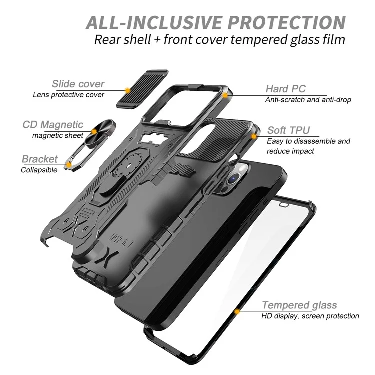 Für iPhone 11 Pro Max 6.5 Zoll Rundum-Schutz Kickstand PC + TPU Handyhülle mit Panzerglas Folie - Schwarz