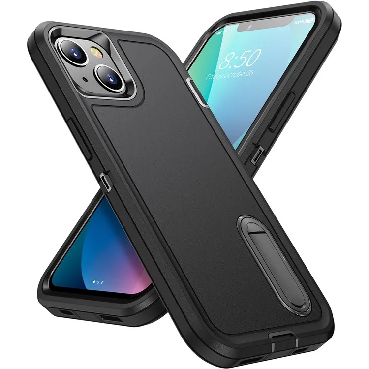 For iPhone 13 6.1 inch Defender Series Metal Kickstand PC + TPU Military Anti-drop Protection Phone Case Cover - Black/Black
