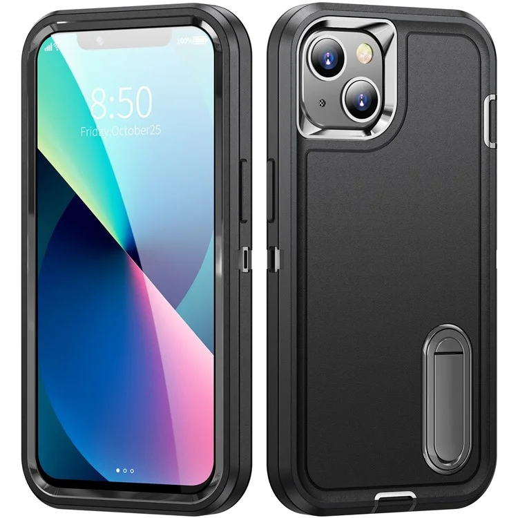 For iPhone 13 6.1 inch Defender Series Metal Kickstand PC + TPU Military Anti-drop Protection Phone Case Cover - Black/Black