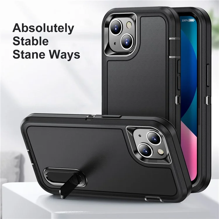 For iPhone 13 6.1 inch Defender Series Metal Kickstand PC + TPU Military Anti-drop Protection Phone Case Cover - Black/Black