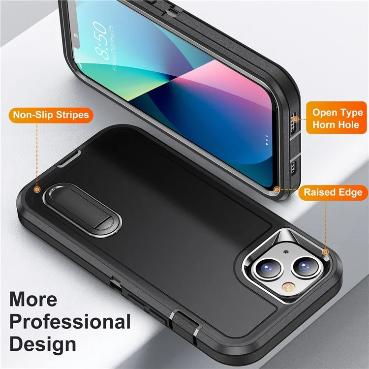 For iPhone 13 6.1 inch Defender Series Metal Kickstand PC + TPU Military Anti-drop Protection Phone Case Cover - Black/Black