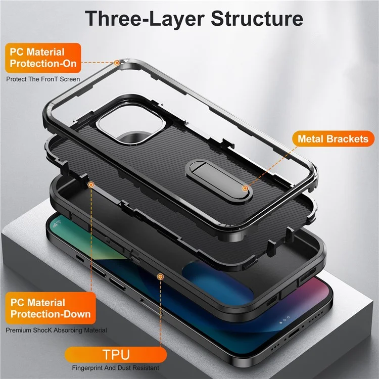 For iPhone 13 6.1 inch Defender Series Metal Kickstand PC + TPU Military Anti-drop Protection Phone Case Cover - Black/Black
