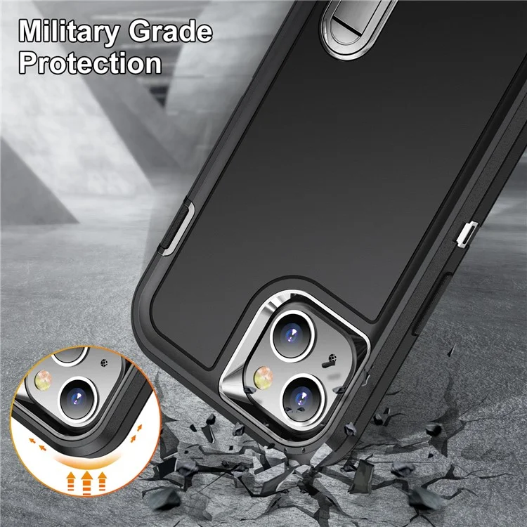 For iPhone 13 6.1 inch Defender Series Metal Kickstand PC + TPU Military Anti-drop Protection Phone Case Cover - Black/Black