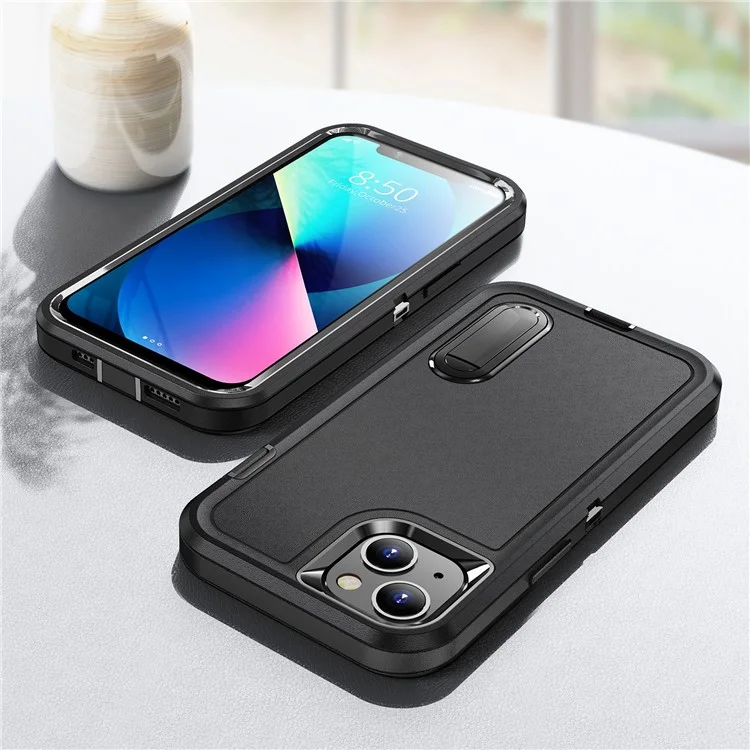 For iPhone 13 6.1 inch Defender Series Metal Kickstand PC + TPU Military Anti-drop Protection Phone Case Cover - Black/Black