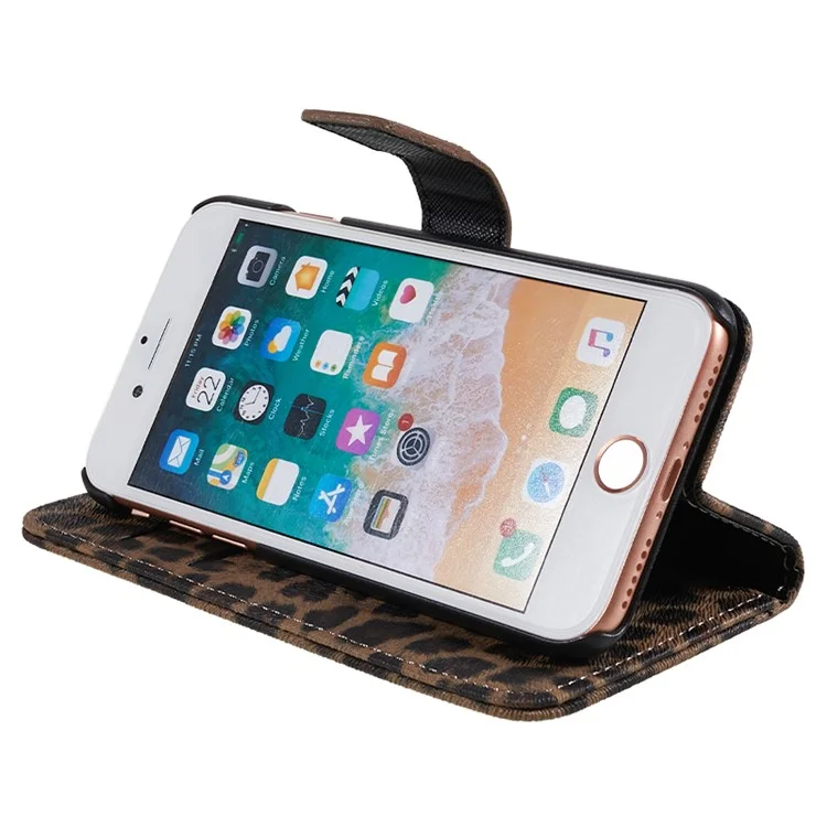 Caixa de Carteira de Couro Com Padrão de Leopardo Para Iphone SE (2020)/SE (2022)/8/7 4,7 Polegadas - Castanho