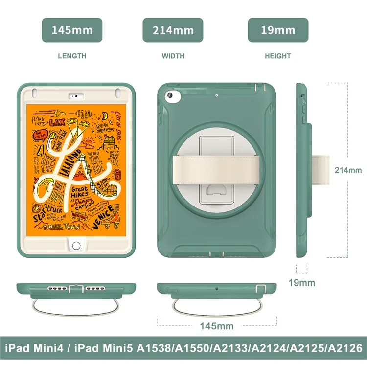 Per Ipad Mini (2019) da 7,9 Pollici/ipad Mini 4 Rotary Kickstand PC + Copertura Ibrida Silicone Anti-drop Tablet Case Con Cinturino Manuale - Verde Smeraldo