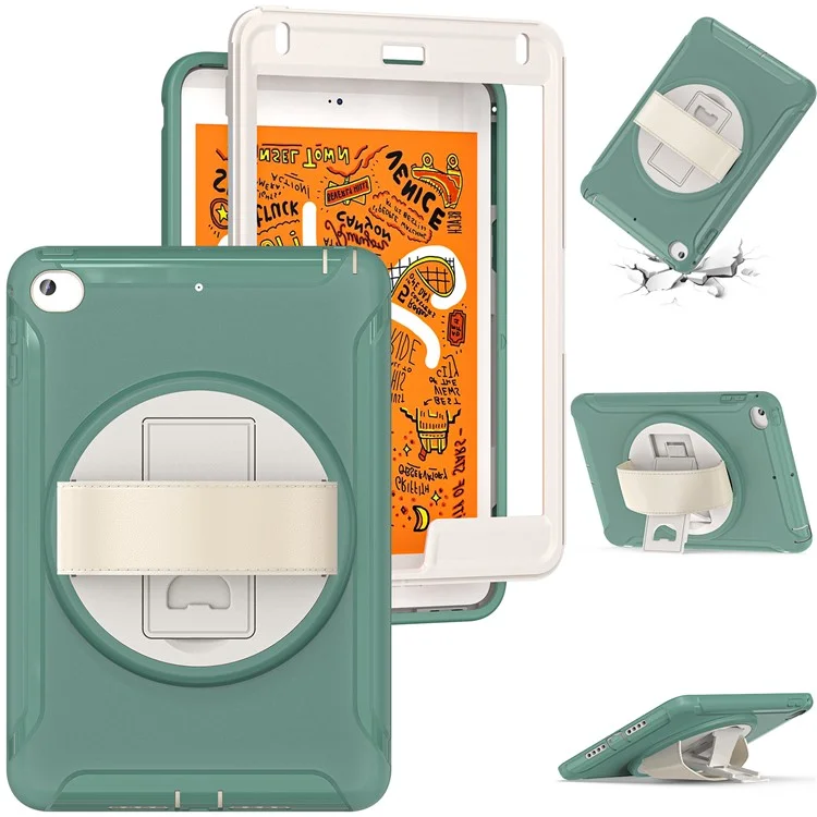 Per Ipad Mini (2019) da 7,9 Pollici/ipad Mini 4 Rotary Kickstand PC + Copertura Ibrida Silicone Anti-drop Tablet Case Con Cinturino Manuale - Verde Smeraldo