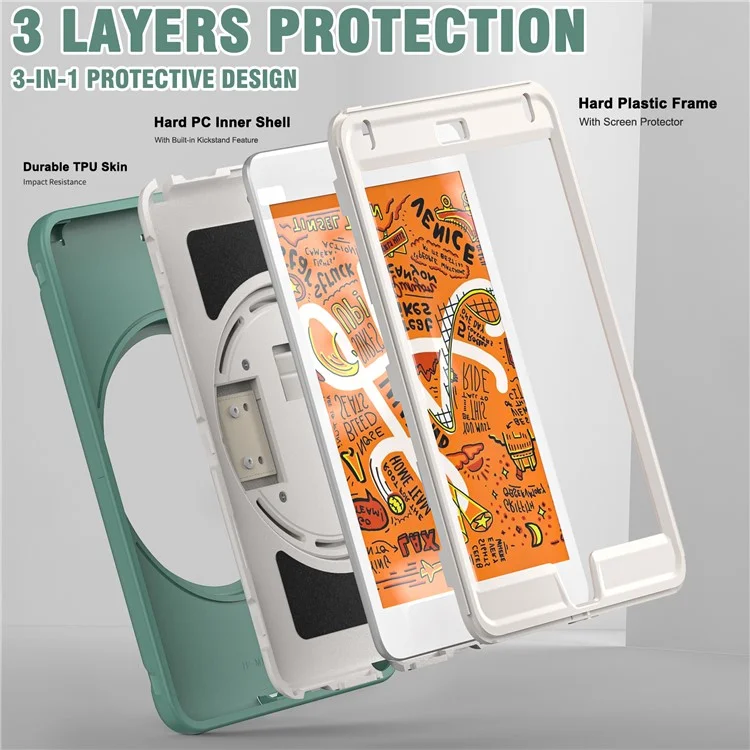 Per Ipad Mini (2019) da 7,9 Pollici/ipad Mini 4 Rotary Kickstand PC + Copertura Ibrida Silicone Anti-drop Tablet Case Con Cinturino Manuale - Verde Smeraldo