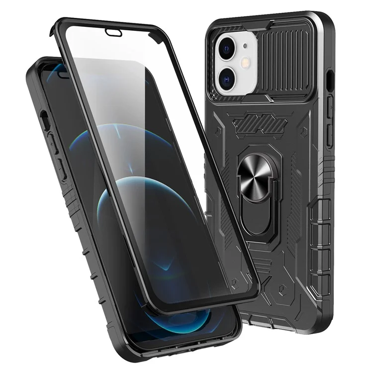 Para iPhone 11 6.1 polegadas Slide Camera Protector Kickstand PC + TPU Hybrid Phone Case Shell com Película de Vidro Temperado - Preto