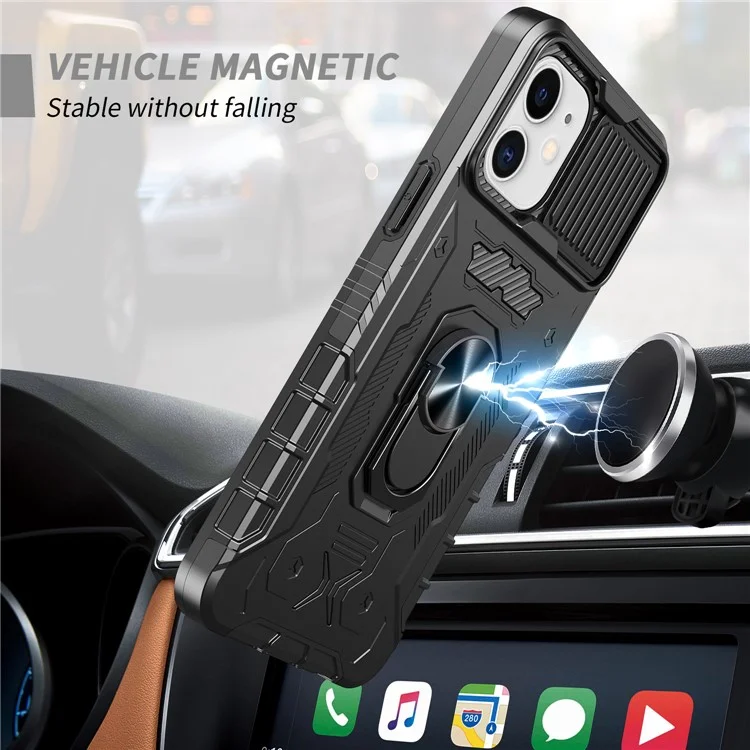 Para iPhone 11 6.1 polegadas Slide Camera Protector Kickstand PC + TPU Hybrid Phone Case Shell com Película de Vidro Temperado - Preto