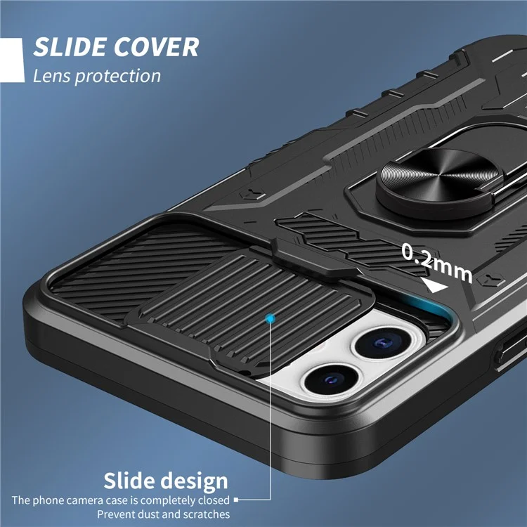 Para iPhone 11 6.1 polegadas Slide Camera Protector Kickstand PC + TPU Hybrid Phone Case Shell com Película de Vidro Temperado - Preto