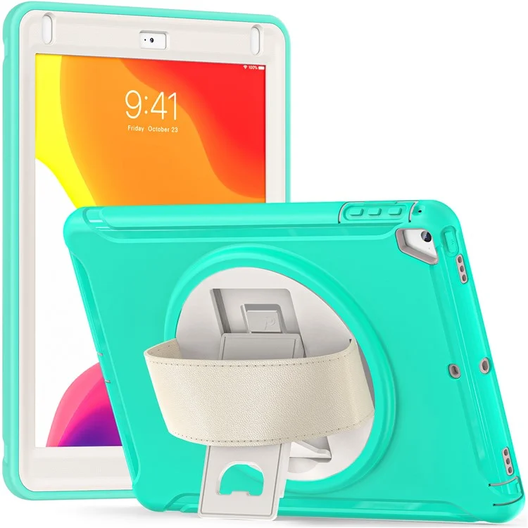 For iPad 9.7-inch (2017)/(2018)/iPad Pro 9.7-inch (2016)/iPad Air (2013)/Air 2 PC + Silicone Case  Rotary Kickstand Tablet Protective Cover with Hand Strap - Mint Green