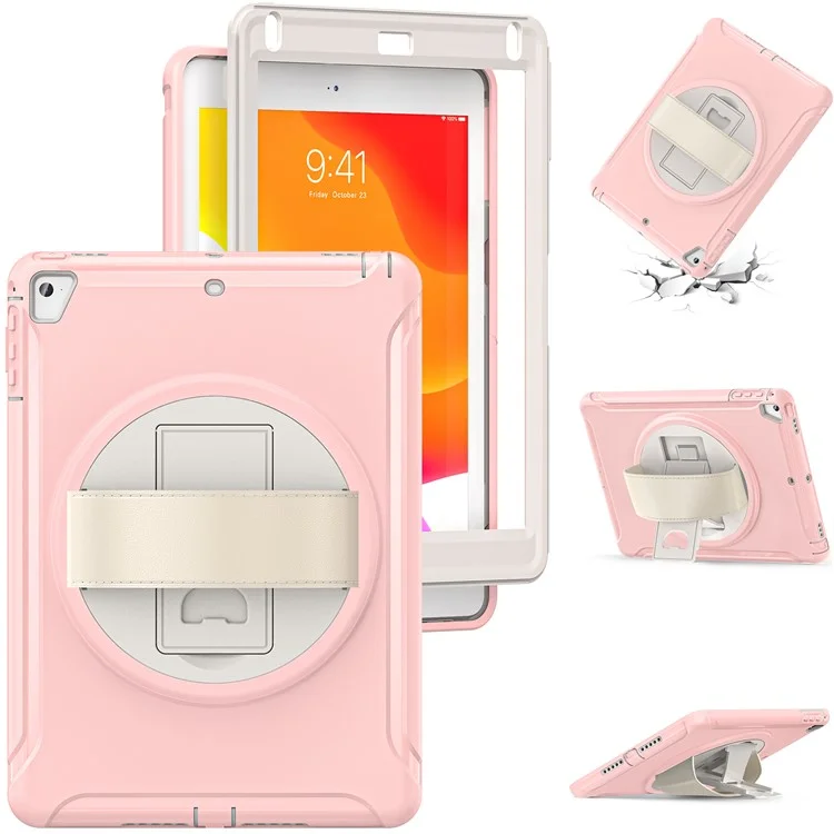 For iPad 9.7-inch (2017)/(2018)/iPad Pro 9.7-inch (2016)/iPad Air (2013)/Air 2 PC + Silicone Case  Rotary Kickstand Tablet Protective Cover with Hand Strap - Cherry Blossoms Pink