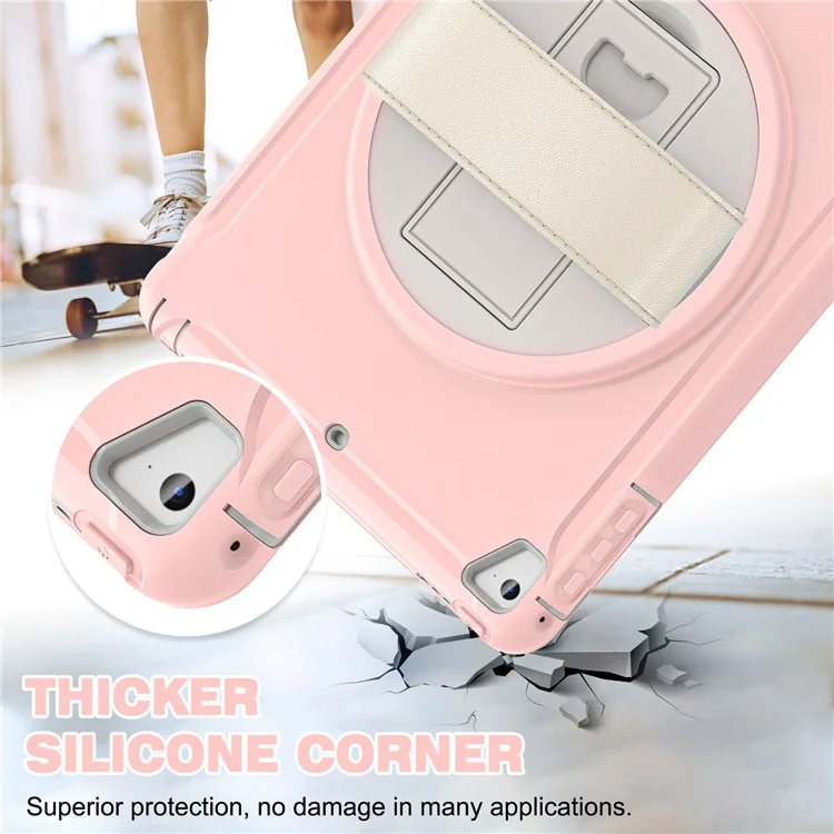 For iPad 9.7-inch (2017)/(2018)/iPad Pro 9.7-inch (2016)/iPad Air (2013)/Air 2 PC + Silicone Case  Rotary Kickstand Tablet Protective Cover with Hand Strap - Cherry Blossoms Pink