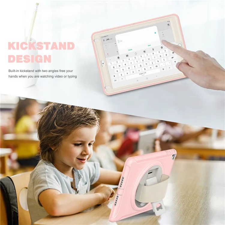For iPad 9.7-inch (2017)/(2018)/iPad Pro 9.7-inch (2016)/iPad Air (2013)/Air 2 PC + Silicone Case  Rotary Kickstand Tablet Protective Cover with Hand Strap - Cherry Blossoms Pink