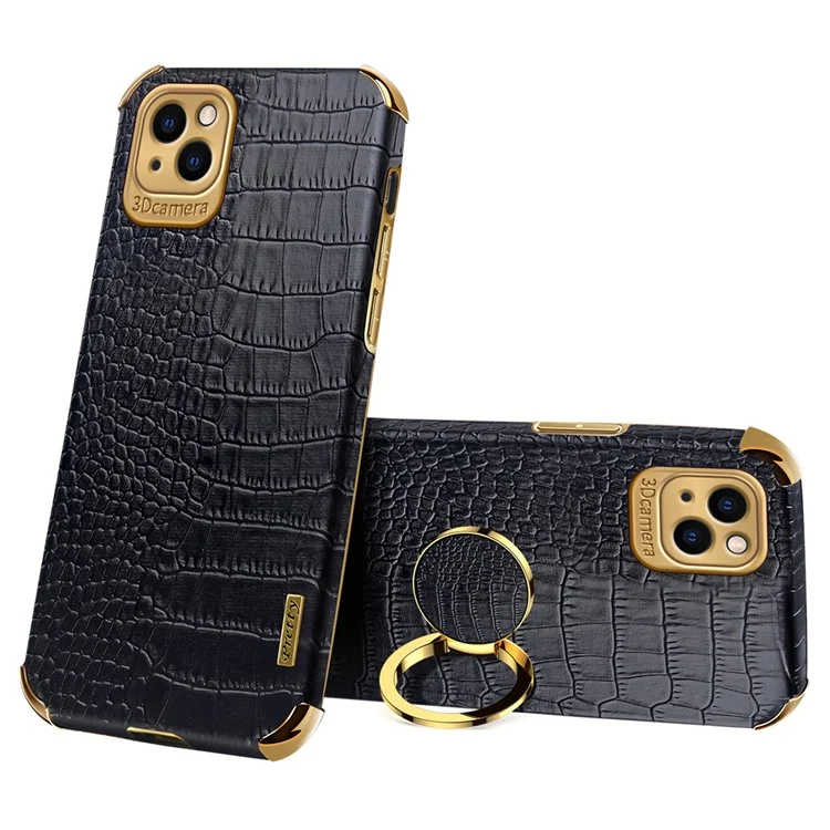 For iPhone 13 6.1 inch 6D Electroplated Stylish Crocodile Texture Leather Coated TPU Shockproof Phone Case with Finger Ring Holder - Black