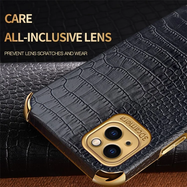 For iPhone 13 6.1 inch 6D Electroplated Stylish Crocodile Texture Leather Coated TPU Shockproof Phone Case with Finger Ring Holder - Black