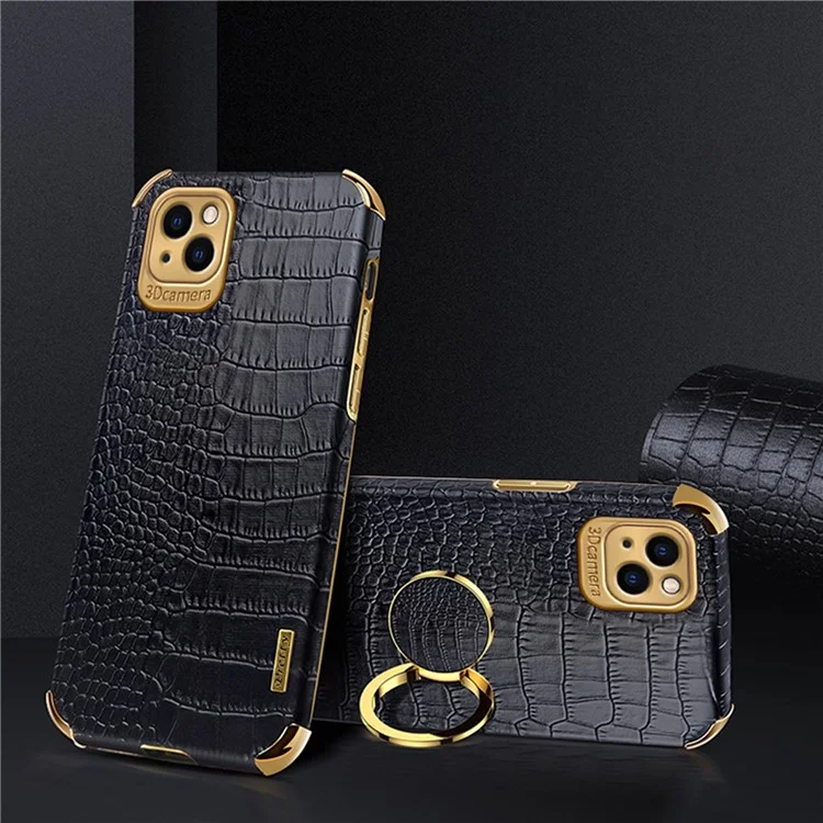 For iPhone 13 6.1 inch 6D Electroplated Stylish Crocodile Texture Leather Coated TPU Shockproof Phone Case with Finger Ring Holder - Black