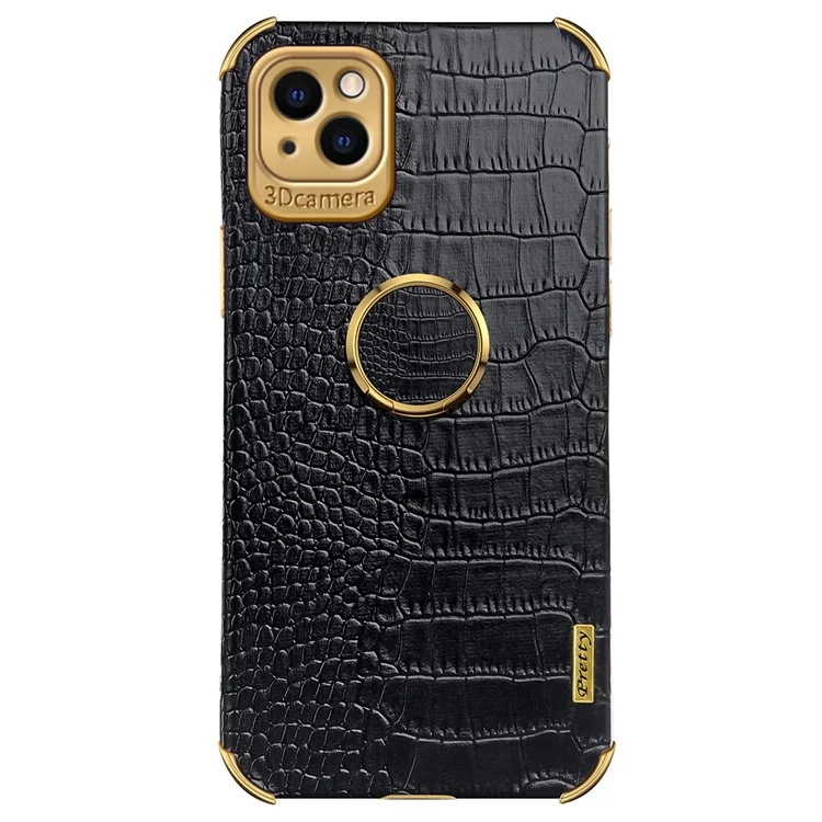 For iPhone 13 6.1 inch 6D Electroplated Stylish Crocodile Texture Leather Coated TPU Shockproof Phone Case with Finger Ring Holder - Black