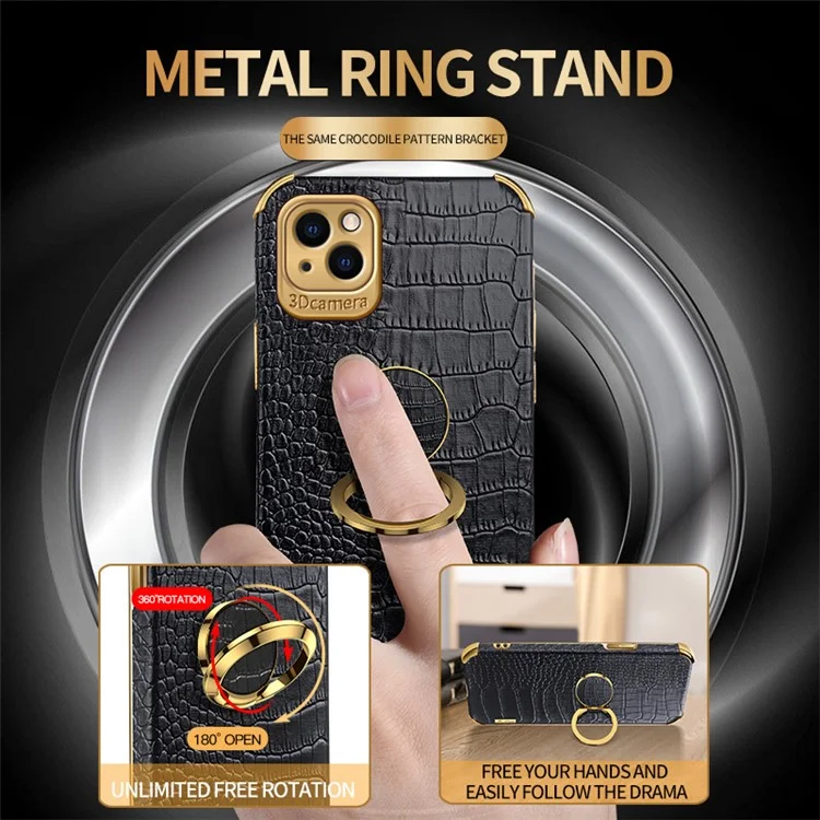 For iPhone 13 6.1 inch 6D Electroplated Stylish Crocodile Texture Leather Coated TPU Shockproof Phone Case with Finger Ring Holder - Black