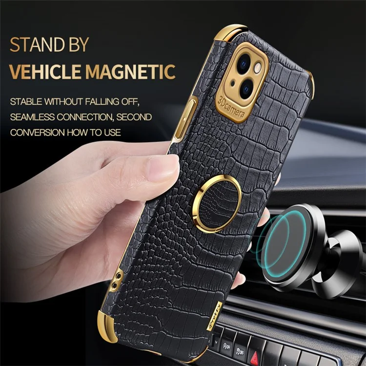 For iPhone 13 6.1 inch 6D Electroplated Stylish Crocodile Texture Leather Coated TPU Shockproof Phone Case with Finger Ring Holder - Black
