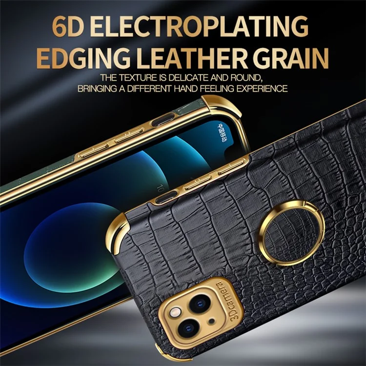 For iPhone 13 6.1 inch 6D Electroplated Stylish Crocodile Texture Leather Coated TPU Shockproof Phone Case with Finger Ring Holder - Black