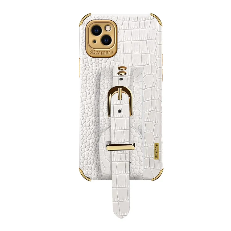 Para IPhone 13 Mini 5,4 Polegadas Pulseira Capa Anti-riscos Textura De Crocodilo Galvanoplasting Precise Recorte De Couro PU Couro + Tpu Caixa De Telefone Celular - Branco