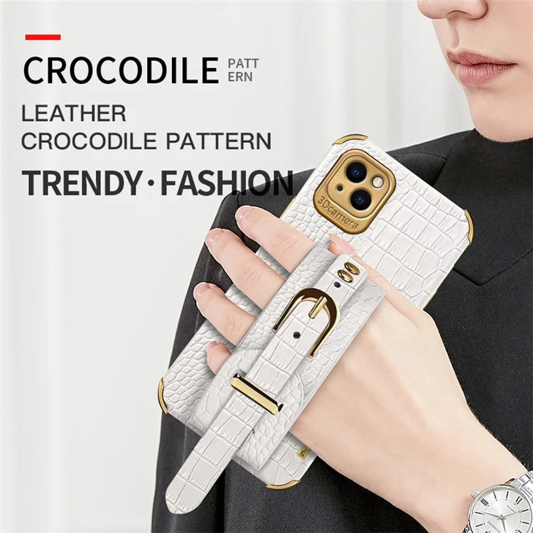 Para IPhone 13 Mini 5,4 Polegadas Pulseira Capa Anti-riscos Textura De Crocodilo Galvanoplasting Precise Recorte De Couro PU Couro + Tpu Caixa De Telefone Celular - Branco