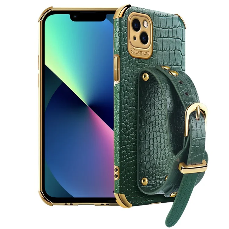 Para Iphone 13 6.1 Pulgadas de Bolsas de Teléfono a Prueba de Choques Textura de Cocodrilo 6D Electroplatación Precisa PU Cuero Recubierto TPU TPU Flexible Telephip Cover - Verde