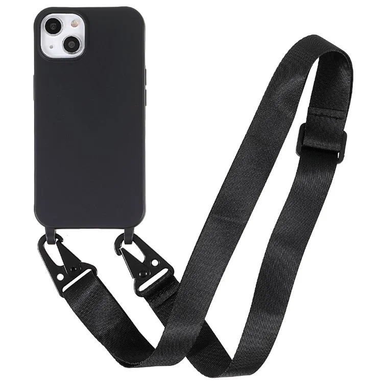 For iPhone 13 mini 5.4 inch Thin Matte TPU Phone Case Finish Profile Soft Back Protective Cover with Long Shoulder Strap - Black