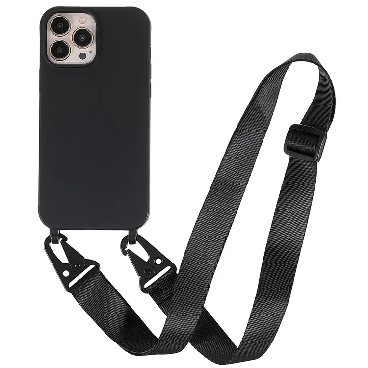Pour iPhone 13 Pro Max 6,7 pouces Conception de sangle d'épaule Matte Drop-proof Mobile Phone Case Soft TPU Cover - Noir