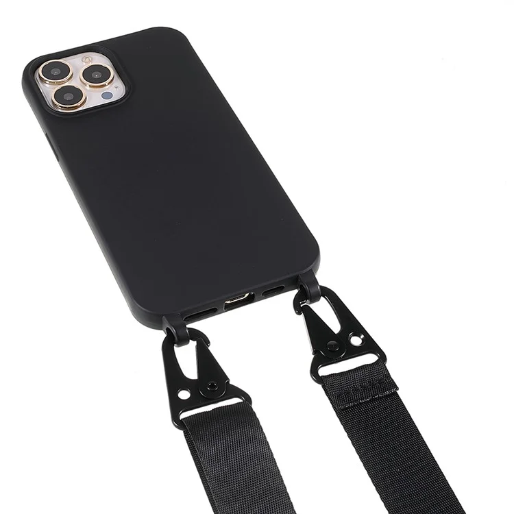 Pour iPhone 13 Pro Max 6,7 pouces Conception de sangle d'épaule Matte Drop-proof Mobile Phone Case Soft TPU Cover - Noir